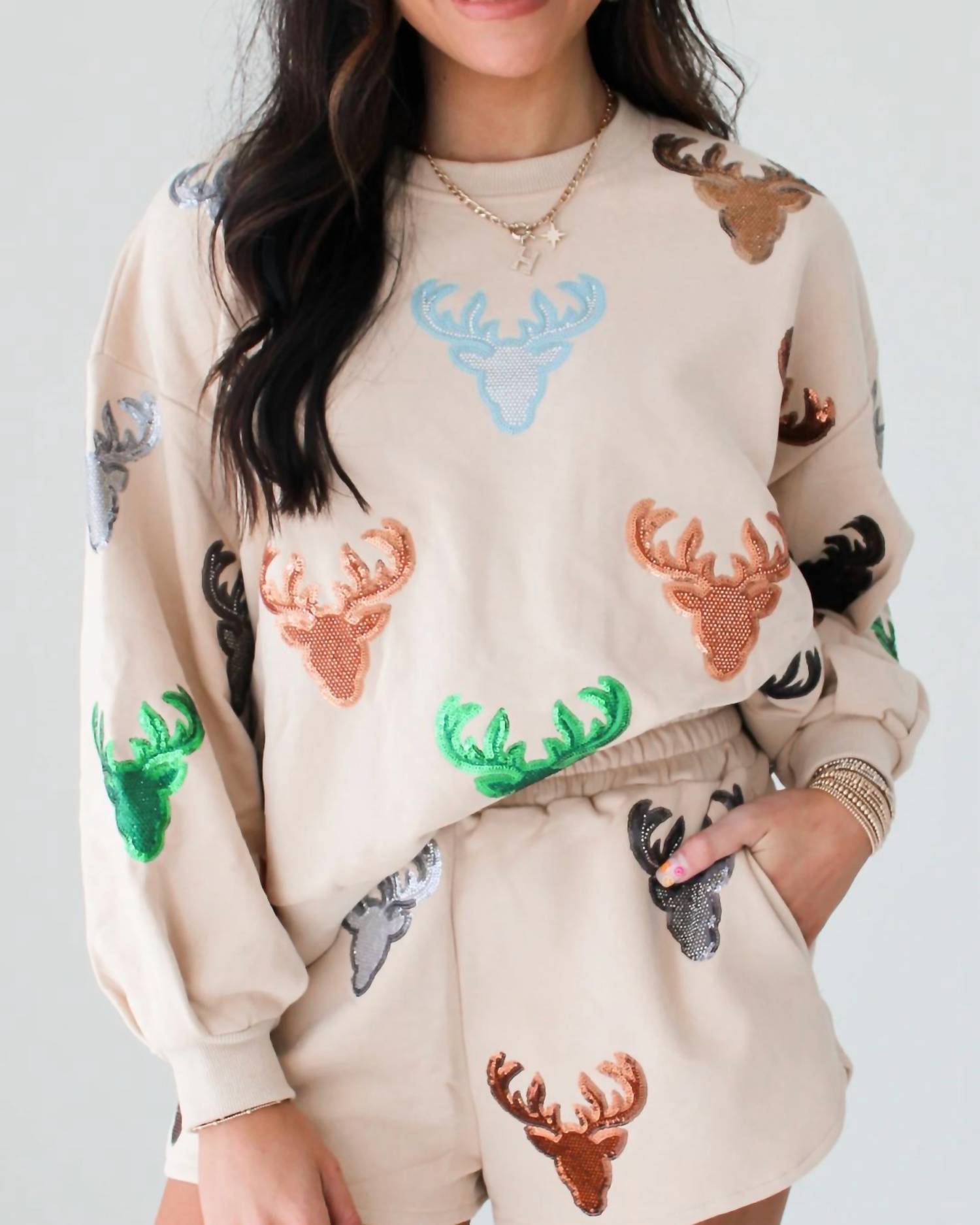 QUEEN OF SPARKLES Deer Head Sweatshirt in beige - women's top