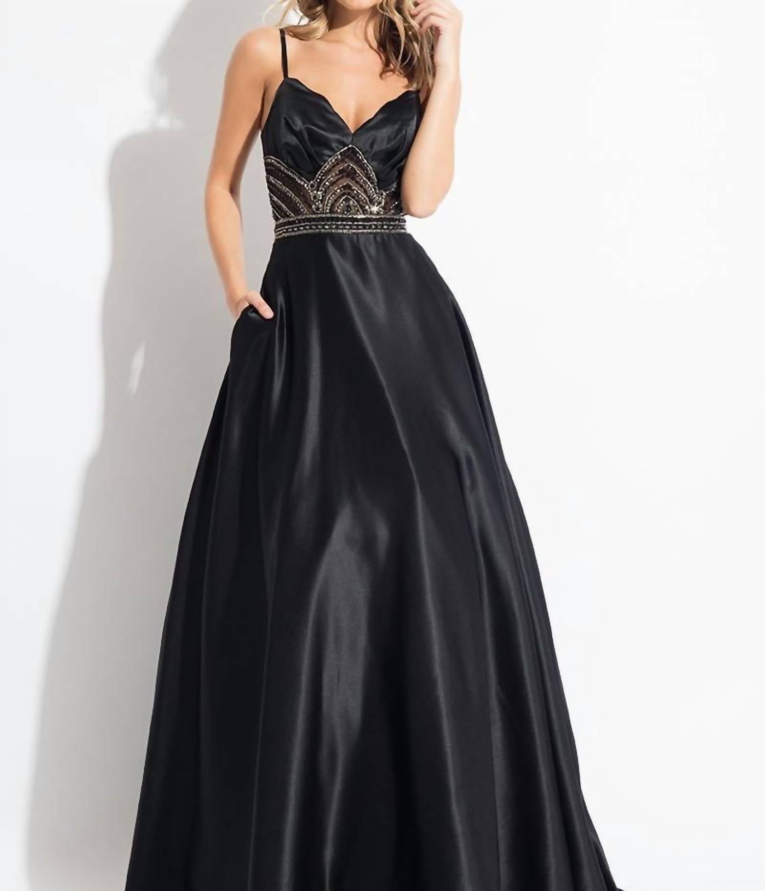 Rachel Allan - Matte Satin Beaded V-neck Prom Gown