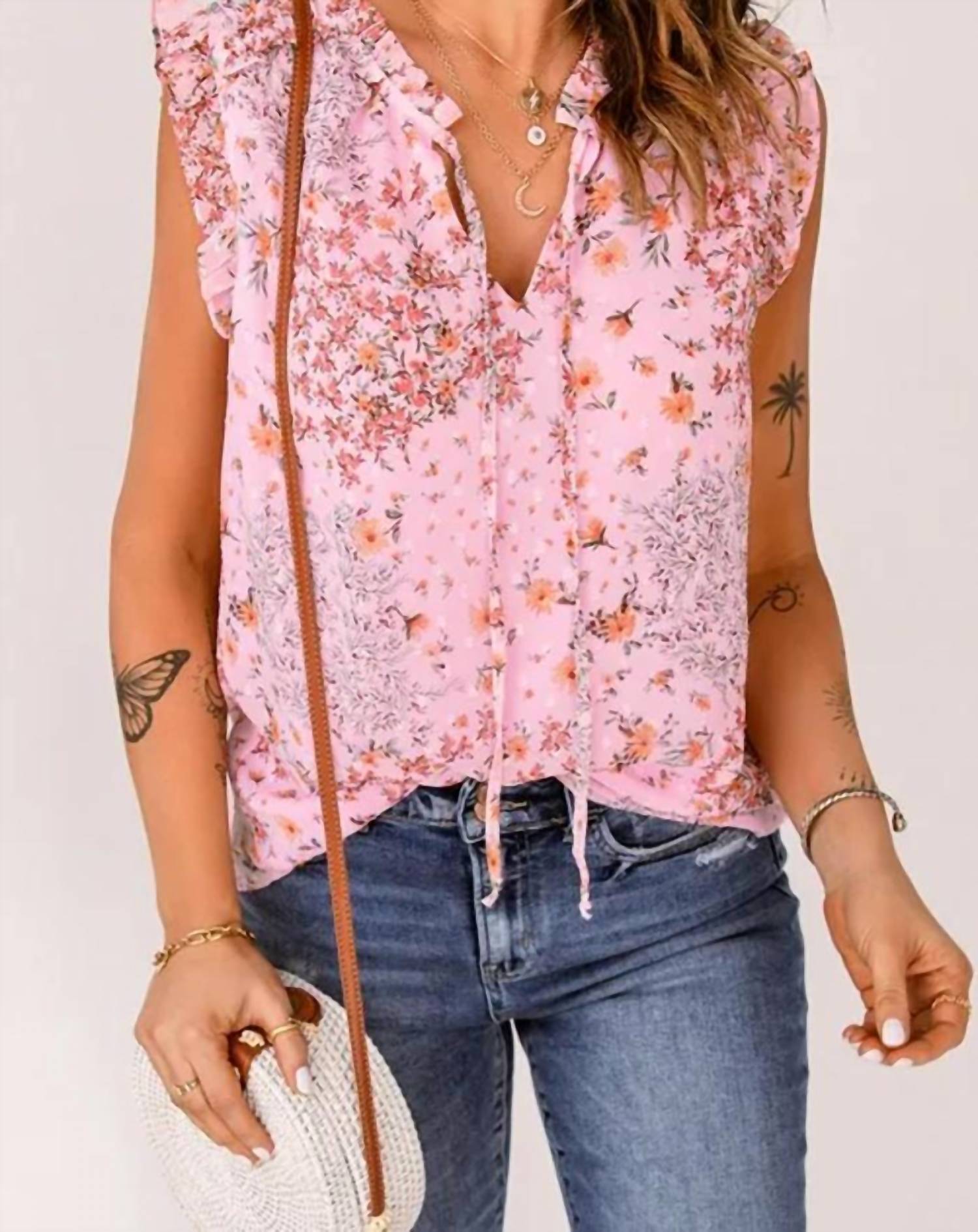 Shiying Fashion - Women's Floral Tie Sleeveless Top