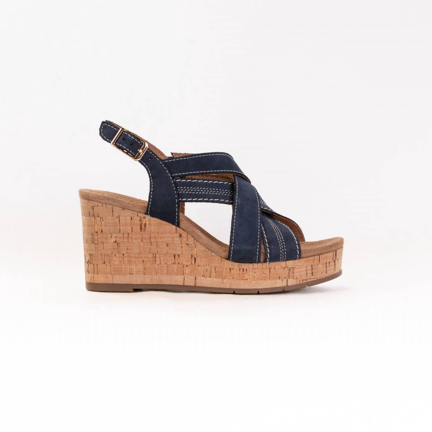 Clarks Women's Sabina Sling Cork-wrapped Wedge in navy nubuck - women's sandal
