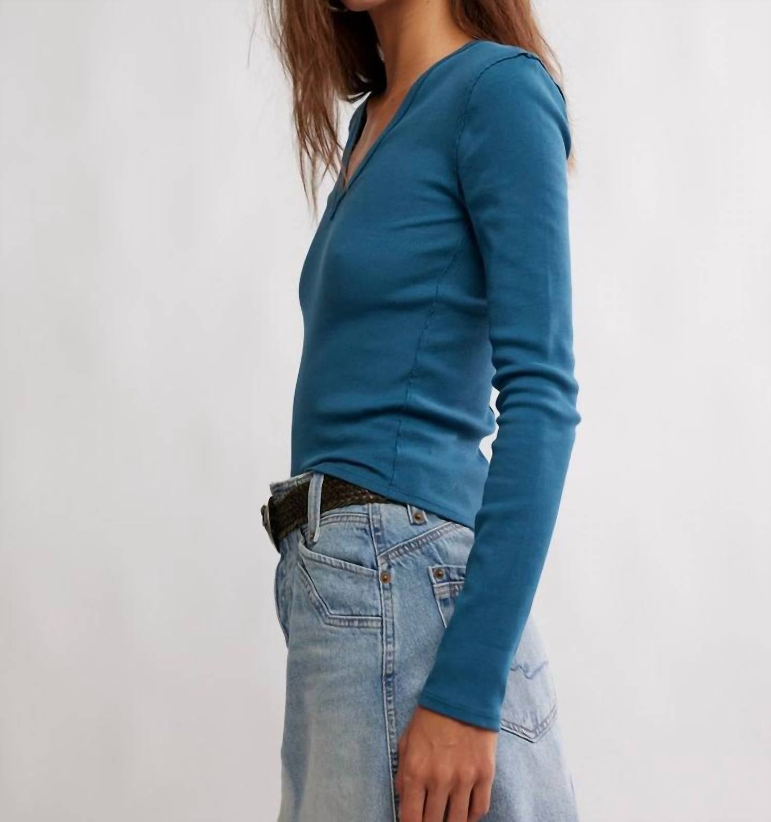 Free People Neria Long Sleeve Tee in still sea - women's long sleeve top - detail view