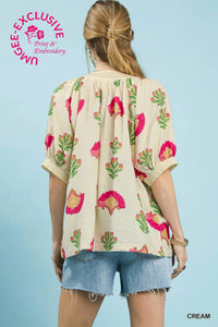 Umgee - Abstract Print Contrast Stitch Top