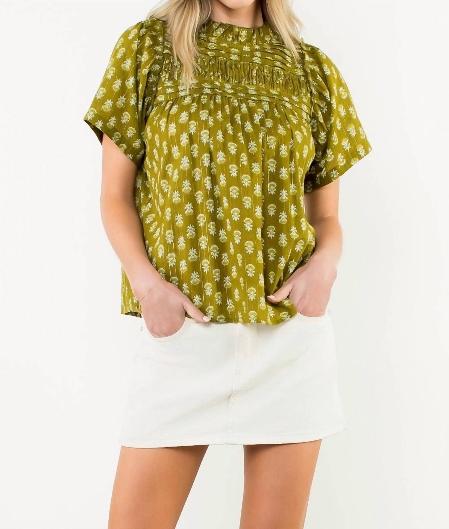 THML Puff Sleeve Print Top in green - women's blouse - detail view
