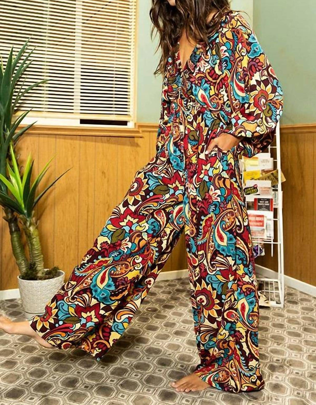 Bucketlist - Paisley Smocked Ruffled V-neck Jumpsuit