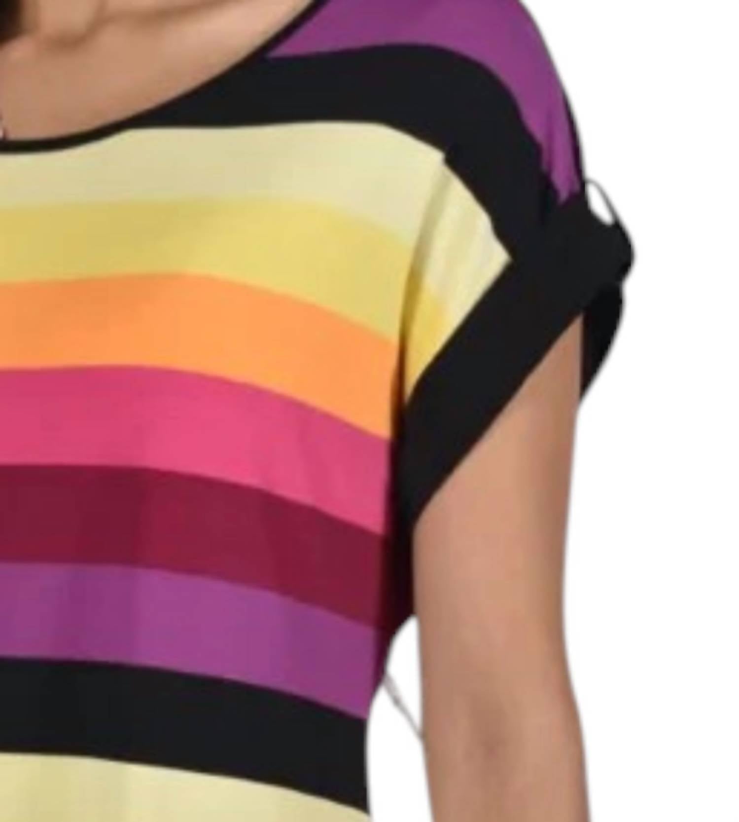 Frank Lyman Melissa Short Sleeve Top With Rhinestone Tab in multi stripe - women's blouse - detail view
