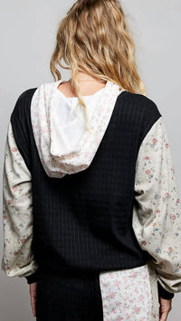 Pol - Kangaroo Pocket Mixed Knit Contrast Sleeve Hooded Pullover