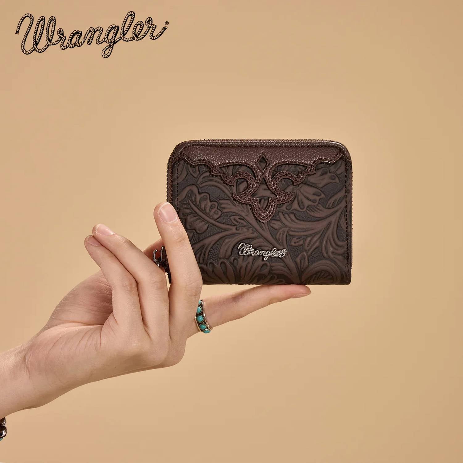 Wrangler Tooled Zip-Around Wallet in coffee - women's bag - detail view