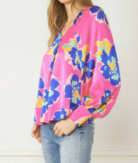 entro Satin Floral Blouse in pink mix - women's blouse - detail view