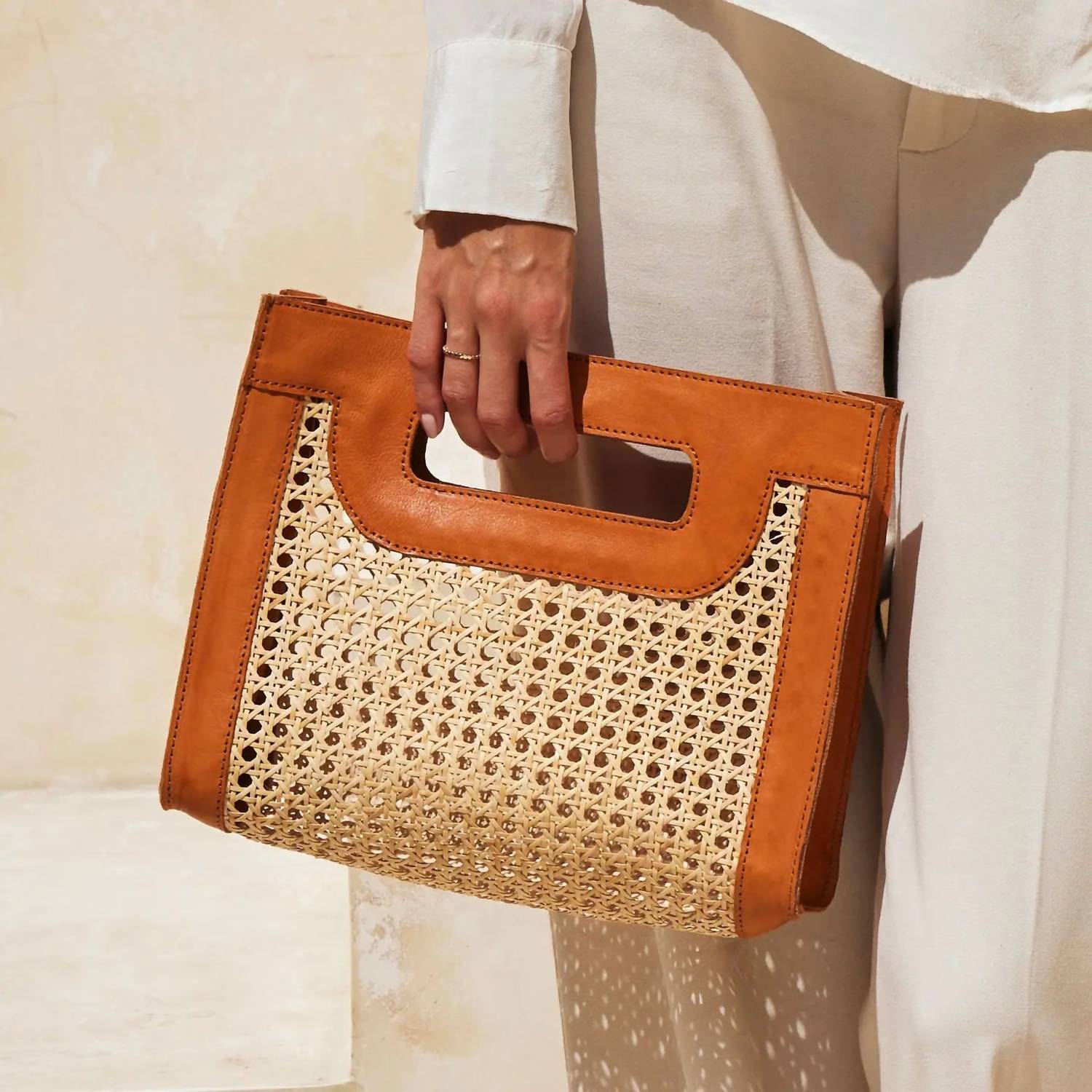 The Winding Road - Rattan Cane Weave Handbag With Leather Trim