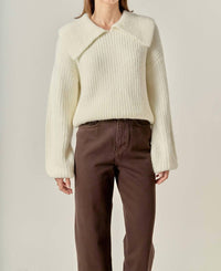 English Factory Collared Rib Chunky Sweater in ivory - women's sweater