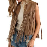 Blue B - Faux Leather Fringe Braided Yoke Crop Waist Vest