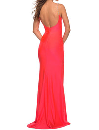 La Femme Scoopneck Jersey Prom Dress in neon coral - women's dress - detail view