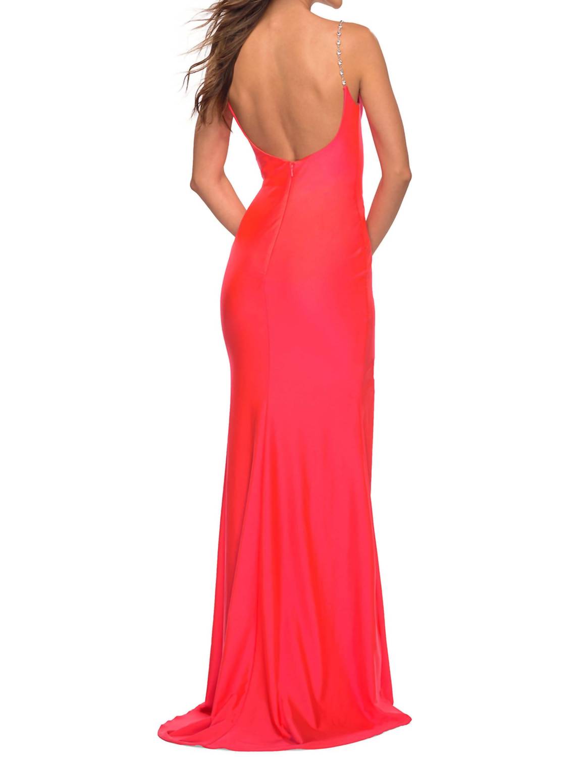 La Femme Scoopneck Jersey Prom Dress in neon coral - women's dress - detail view