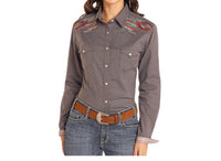 Panhandle Roughstock Long Sleeve Western Snap Shirt in brown blue print - women's shirt