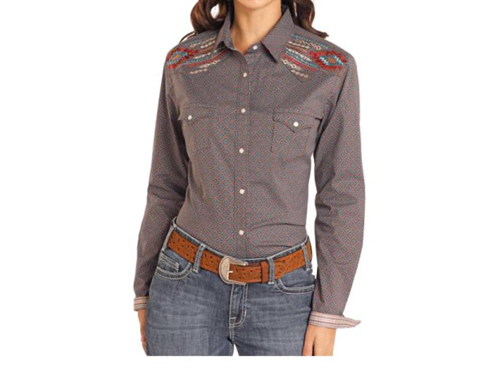 Panhandle Roughstock Long Sleeve Western Snap Shirt in brown blue print - women's shirt