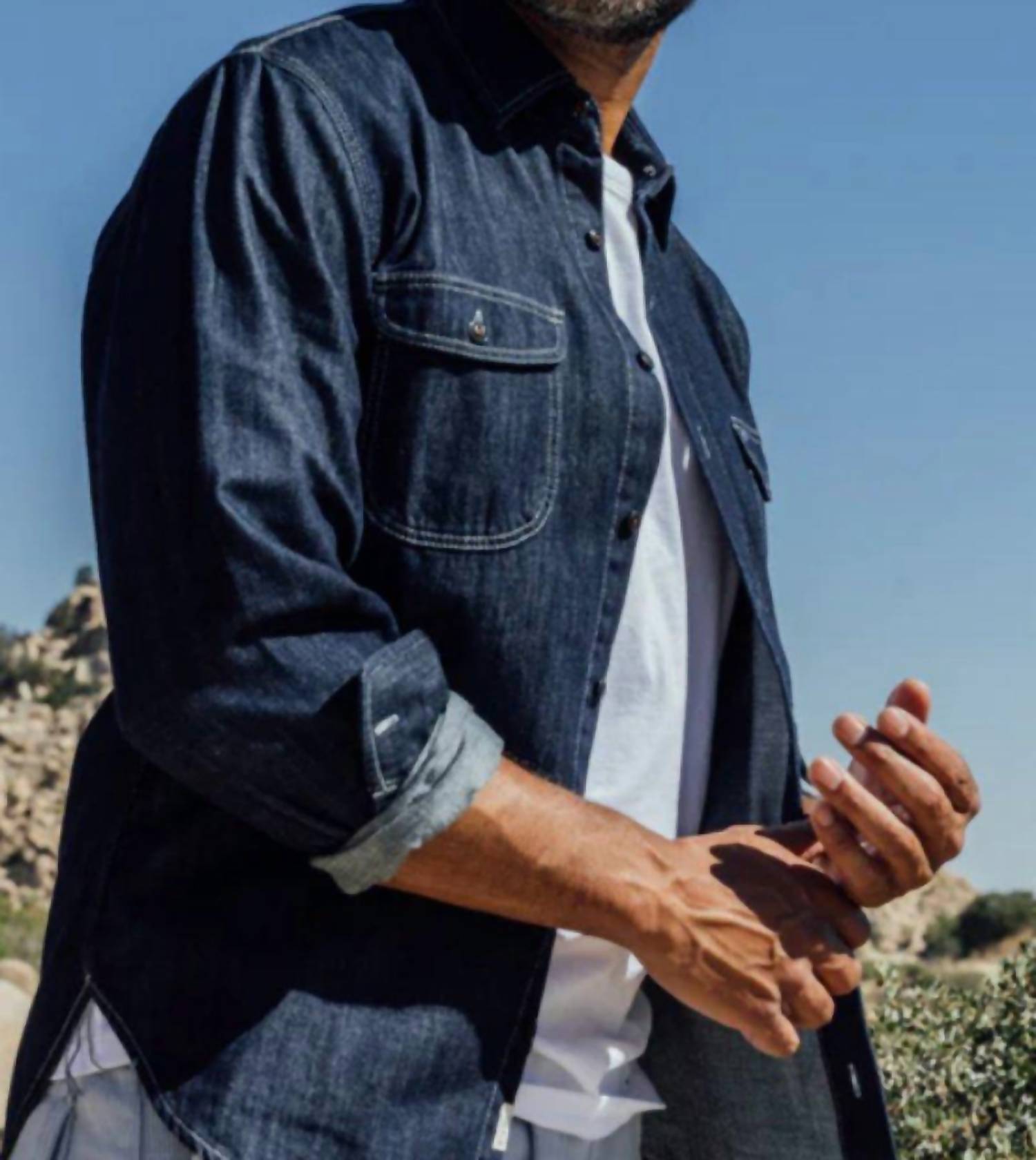 Hiroshi Kato Brace Rugged Vintage Workwear Shirt in indigo - men's long sleeve top - detail view