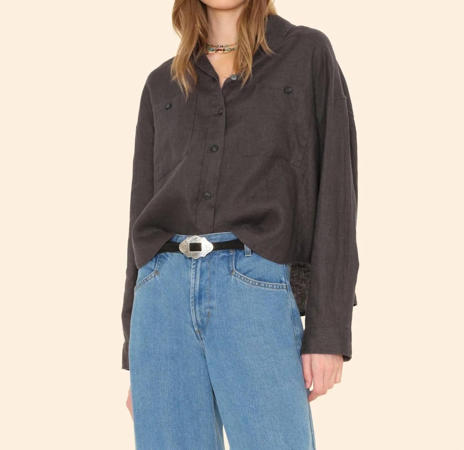 XIRENA Brittan Long Sleeve Shirt in black quartz - women's shirt - alternate view