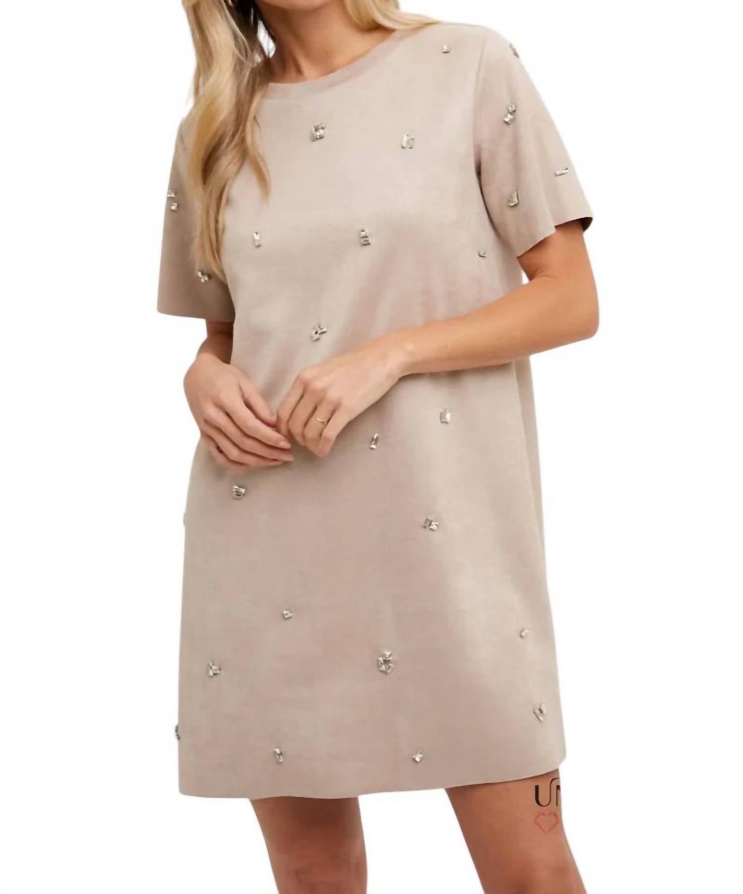 Bluivy - Elle Rhinestone Embellished Suede Shift Mini Dress