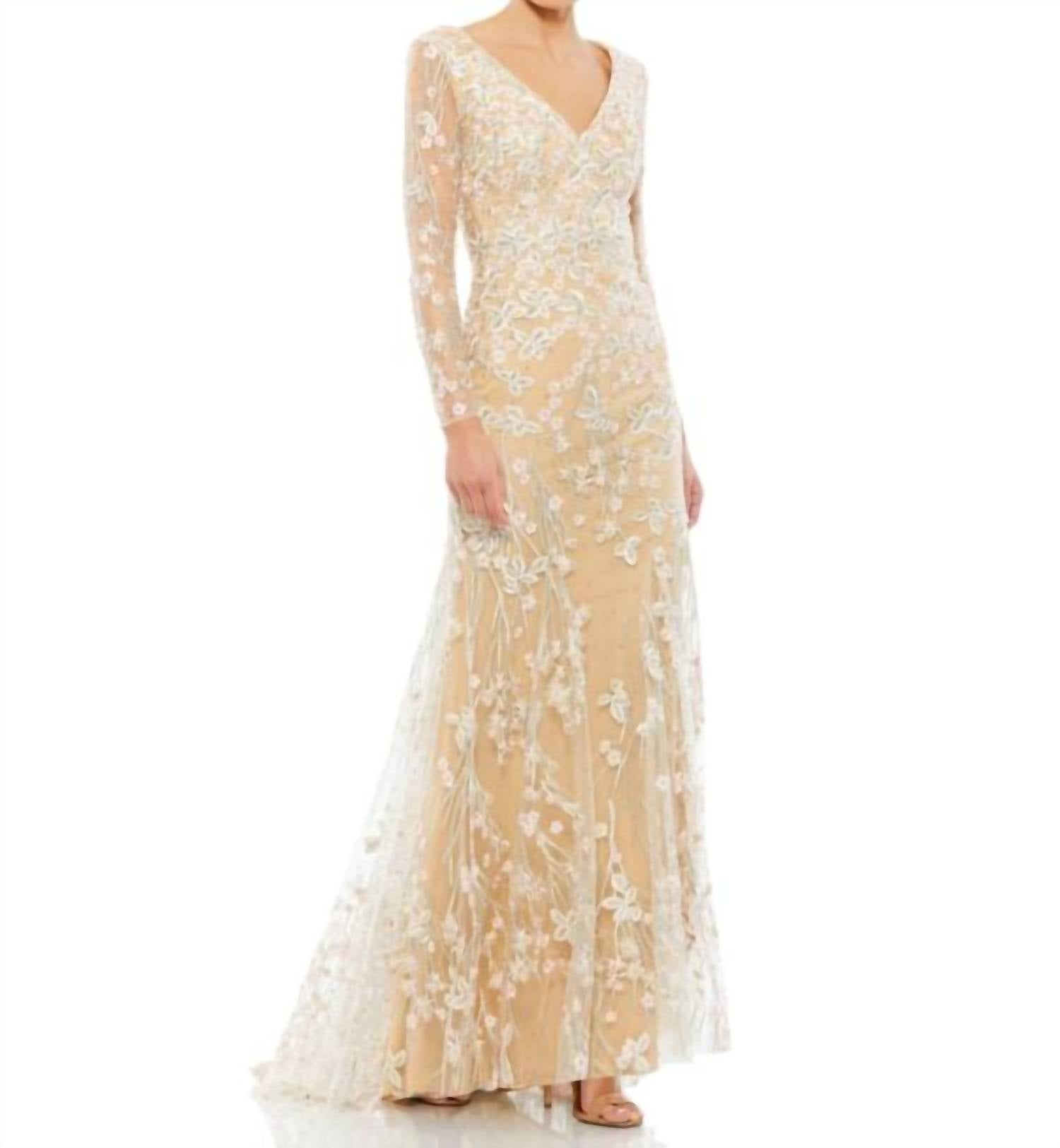 MAC DUGGAL Illusion Sleeves Floral Dress in ivory nude - women's dress