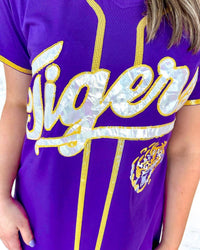 QUEEN OF SPARKLES Licensed Lsu Tiger Baseball Jersey Dress in purple - women's dress - detail view