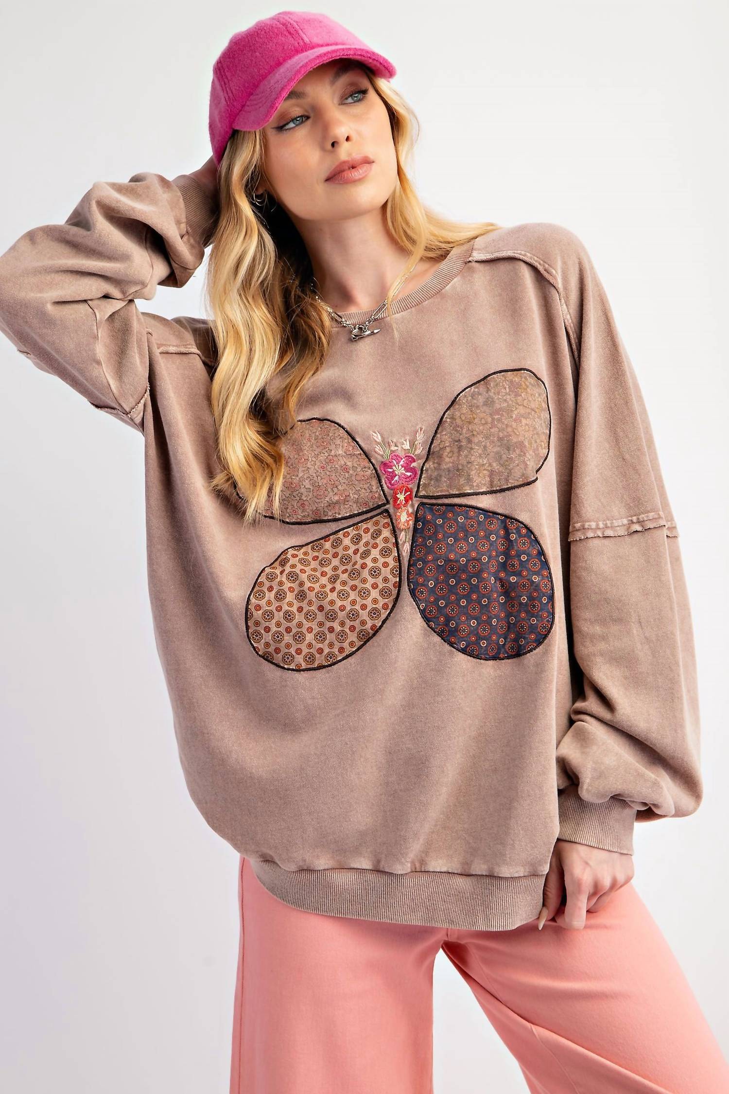 Easel - Butterfly Patch Washed Terry Knit Pullover