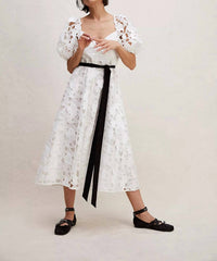 For Love & Lemons - Marlene Heart Embroidery Puff Sleeve Midi Dress