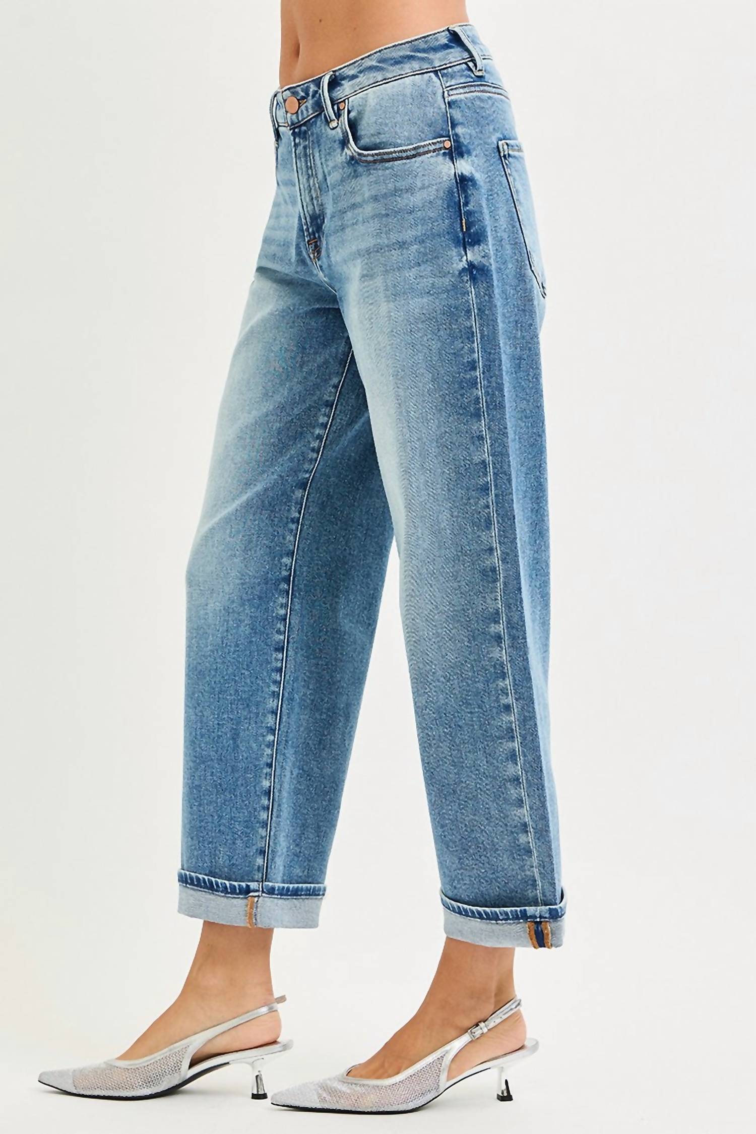 RISEN Mid Rise Cuff Boyfriend Jeans in blue - women's jeans - detail view