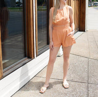 MABLE Linen Crop Top And Shorts Set in orange - women's sleepwear