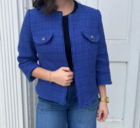 Tinta & Bariloche Three Quarter Sleeve Collarless Blazer in royal blue - women's jacket