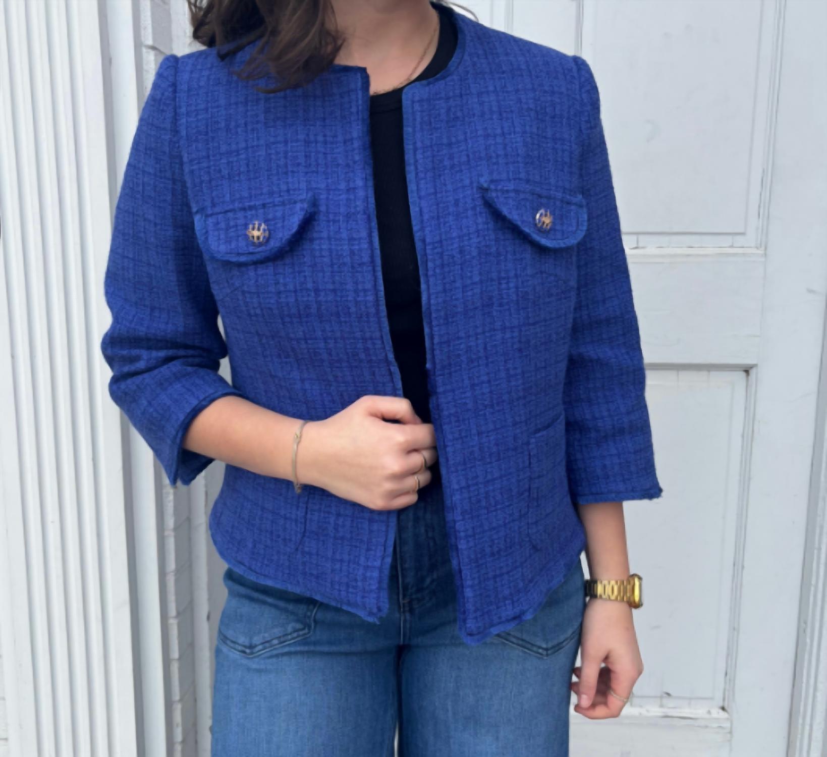 Tinta & Bariloche Three Quarter Sleeve Collarless Blazer in royal blue - women's jacket