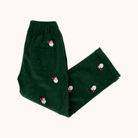 The Beaufort Bonnet Company Girl's Critter Sheffield Corduroy Pants With Santa Embroidery in grier green nantucket navy stork - kids' item - detail view