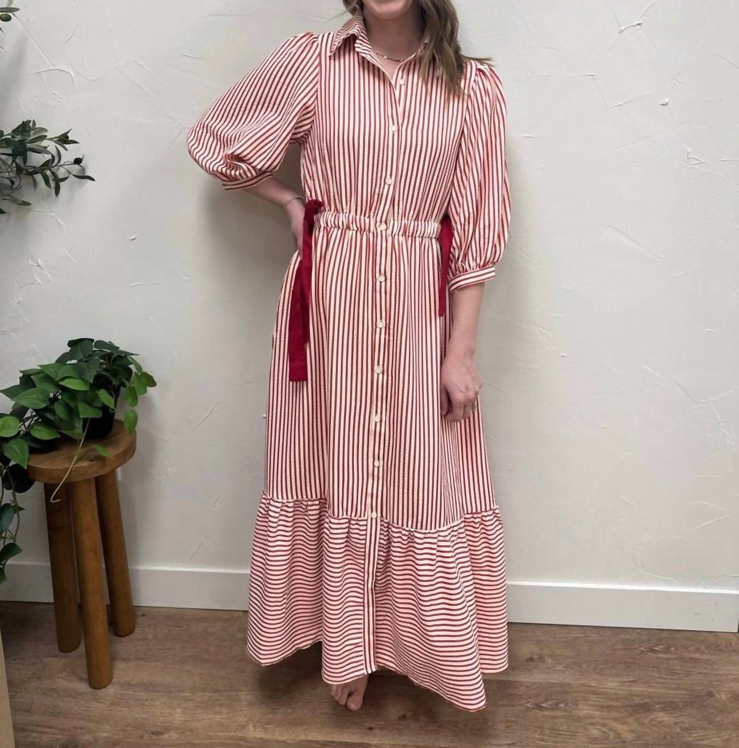 Polagram - Striped Contrast Side Ribbon Midi Dress