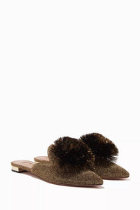 AQUAZZURA Women's Powder Puff Pom Pom Flat Slides in gold - women's shoe