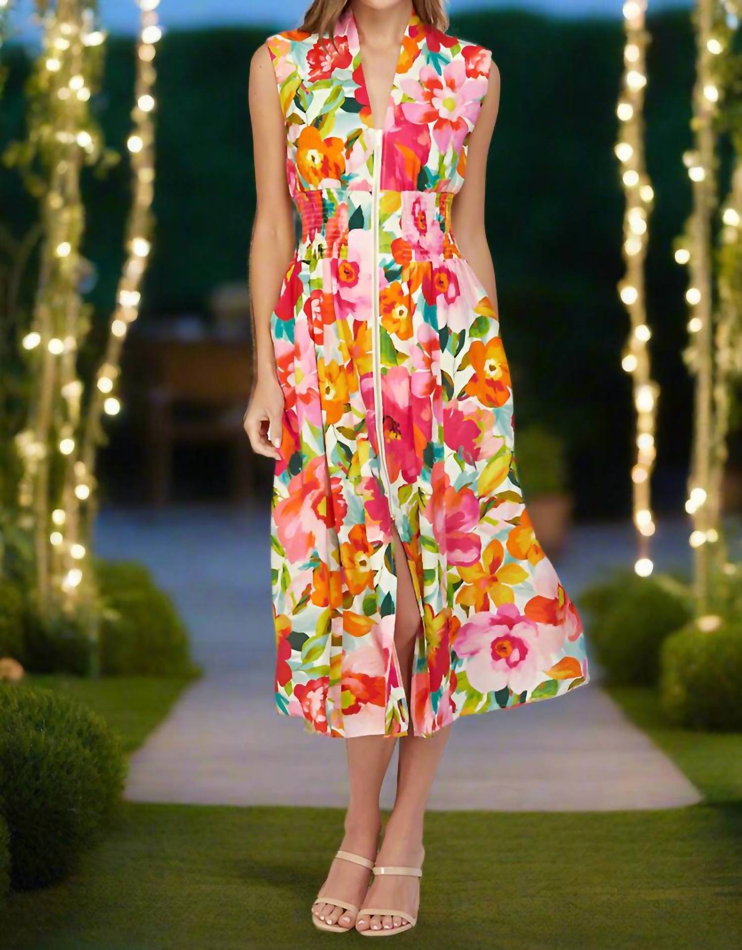 Fate - Floral Zip Front Sleeveless Midi Dress