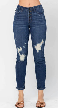 Judy Blue - High Waist Zigzag Button Fly Destroy Boyfriend Jeans - Plus