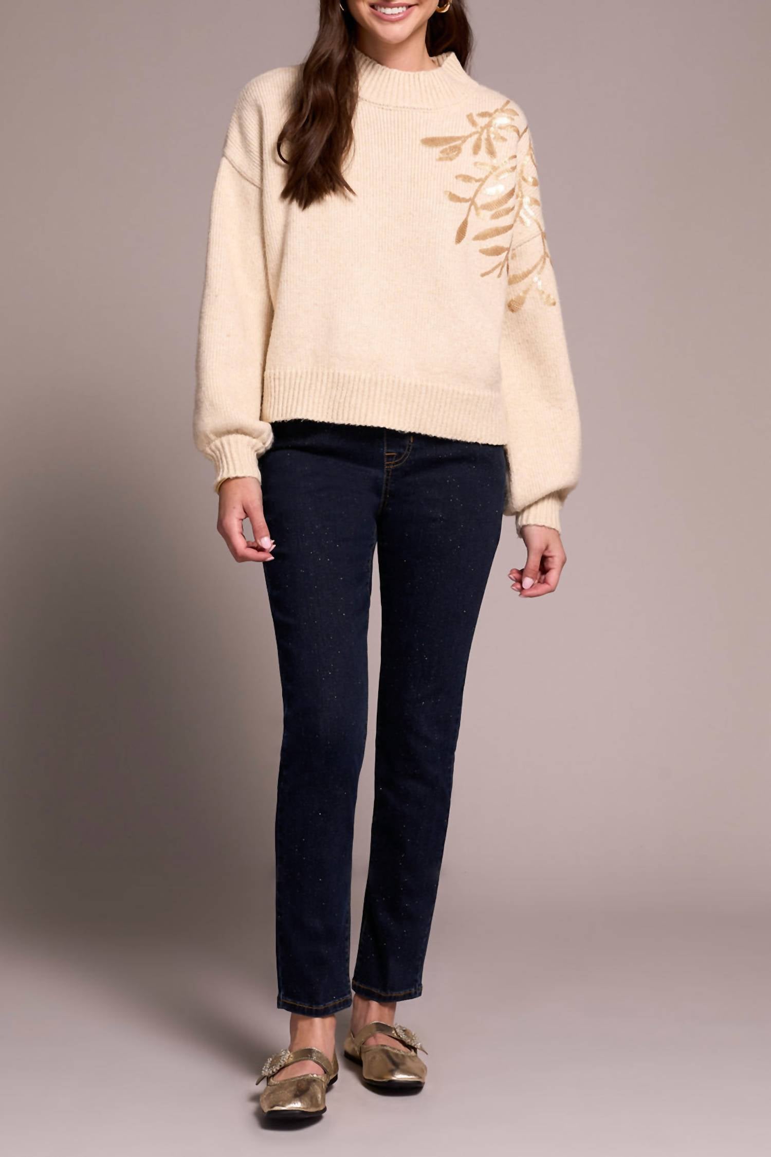 TRIBAL Mock Neck With Sequins Sweater in latte - women's sweater