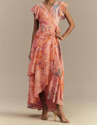hutch Cezza Flutter Sleeve Ruffled Wrap Maxi Dress in pink - women's dress