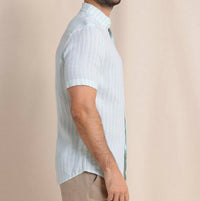 SOUTHERN TIDE Crepe Myrtle Striped Linen Short Sleeve Button Down Shirt in jade green - men's shirt - detail view