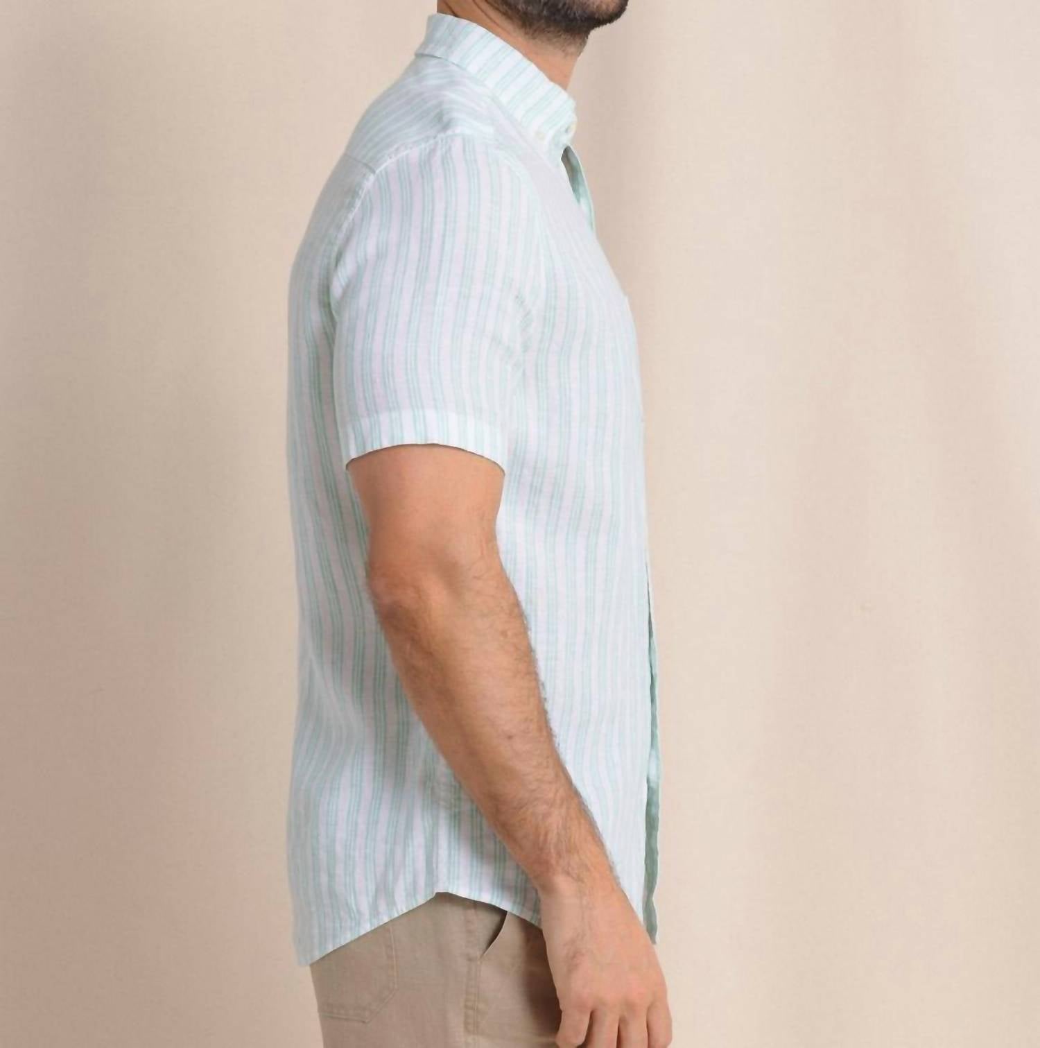 SOUTHERN TIDE Crepe Myrtle Striped Linen Short Sleeve Button Down Shirt in jade green - men's shirt - detail view