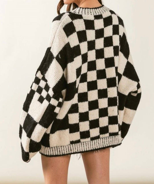 Bibi - Patch Pockets Checkered Sweater Cardigan