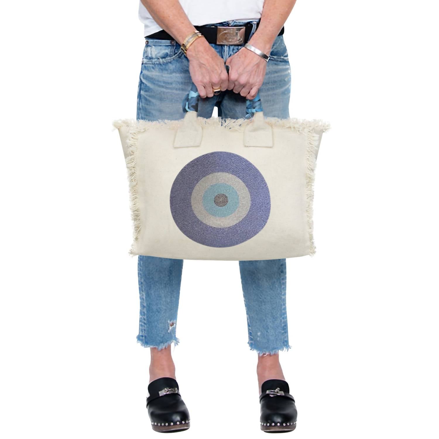 Hipchik - Women's Evil Eye Fringe Canvas Tote Bag