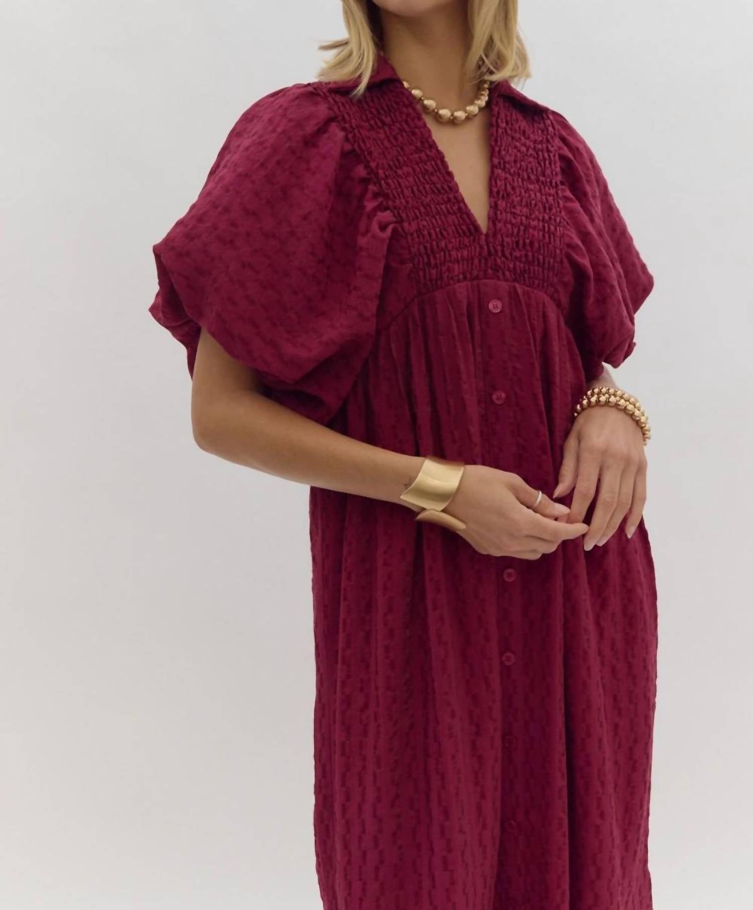 Entro - Textured Puff Sleeve Midi Dress