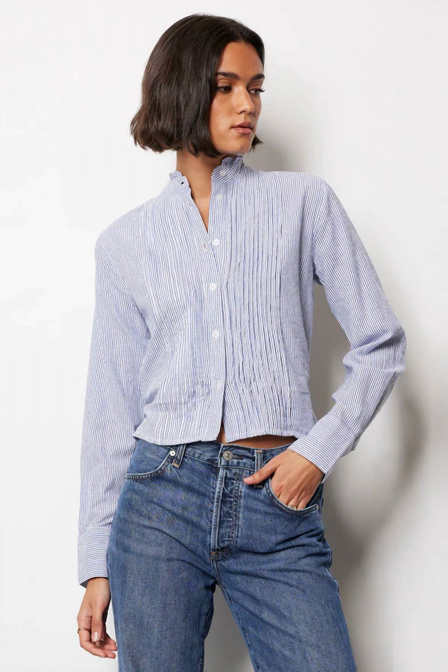 Bobi - Pintuck Long Sleeve Top With Belt