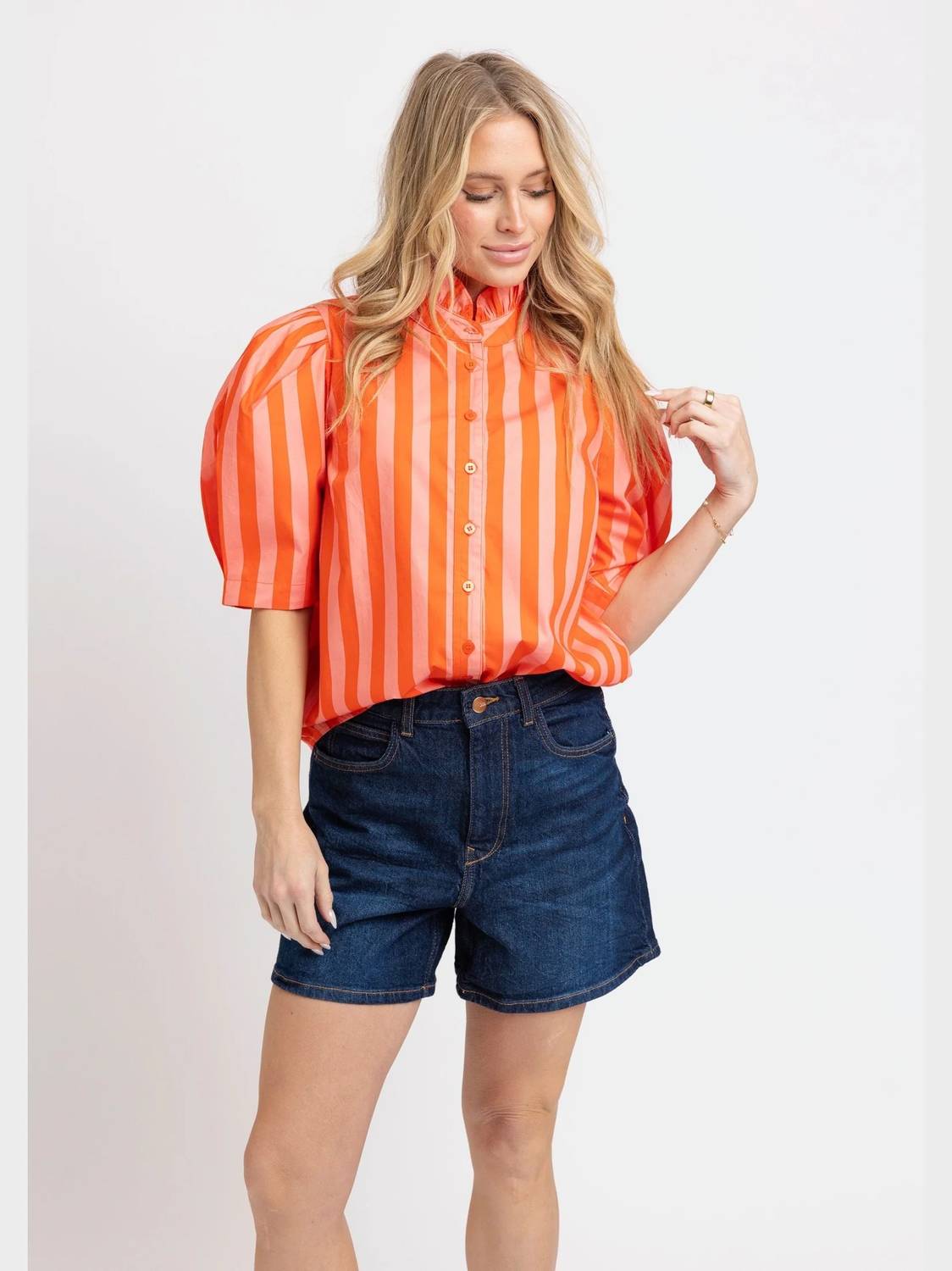Karlie - Stripe Button Up Ruffle Neck Top