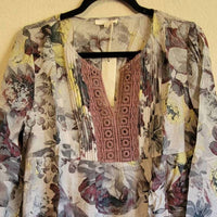 Mystree - Women's Long Sleeve Tunic Top Boho Floral Cottage Crochet Trim