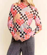 Davi & Dani - Checkered Heart Mesh Long Sleeve Top - Plus
