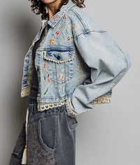 Pol - Shakira Beaded Boho Eyelet Lace Trim Crop Denim Swing Jacket