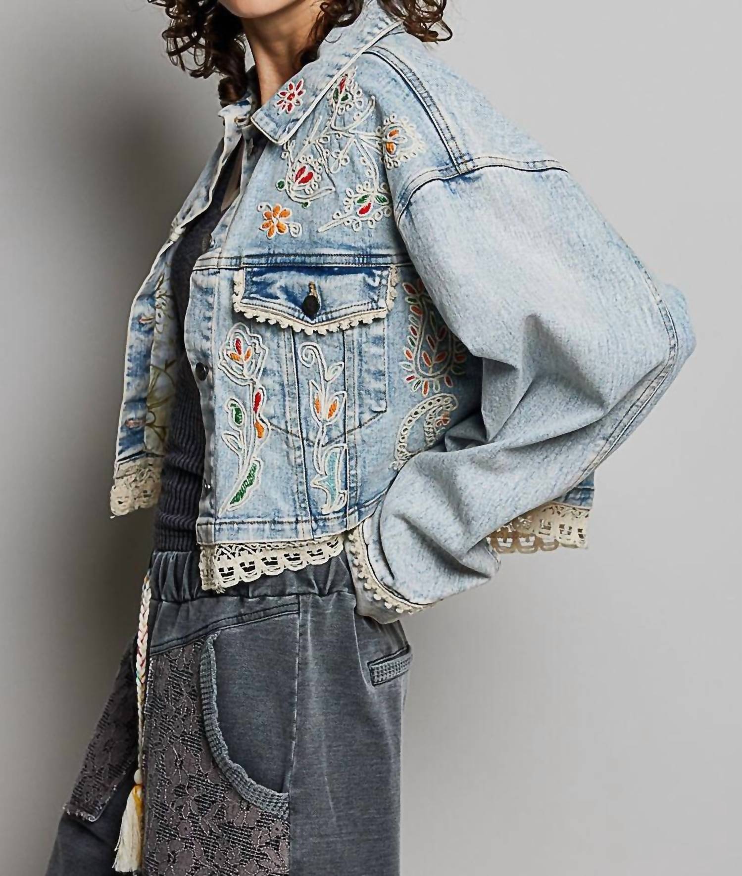 Pol - Shakira Beaded Boho Eyelet Lace Trim Crop Denim Swing Jacket