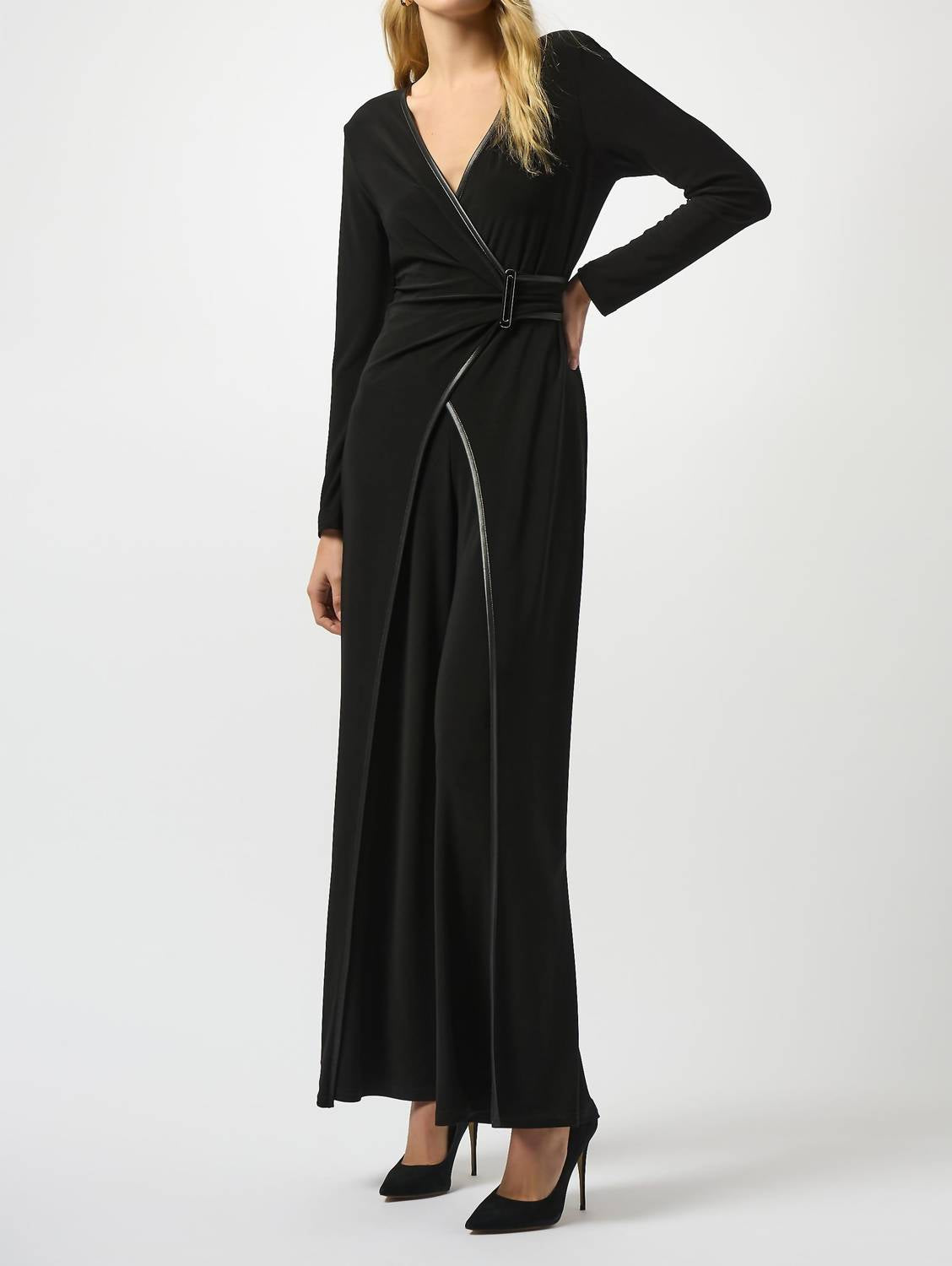 Joseph Ribkoff - Faux Leather Trim Wrap Jumpsuit