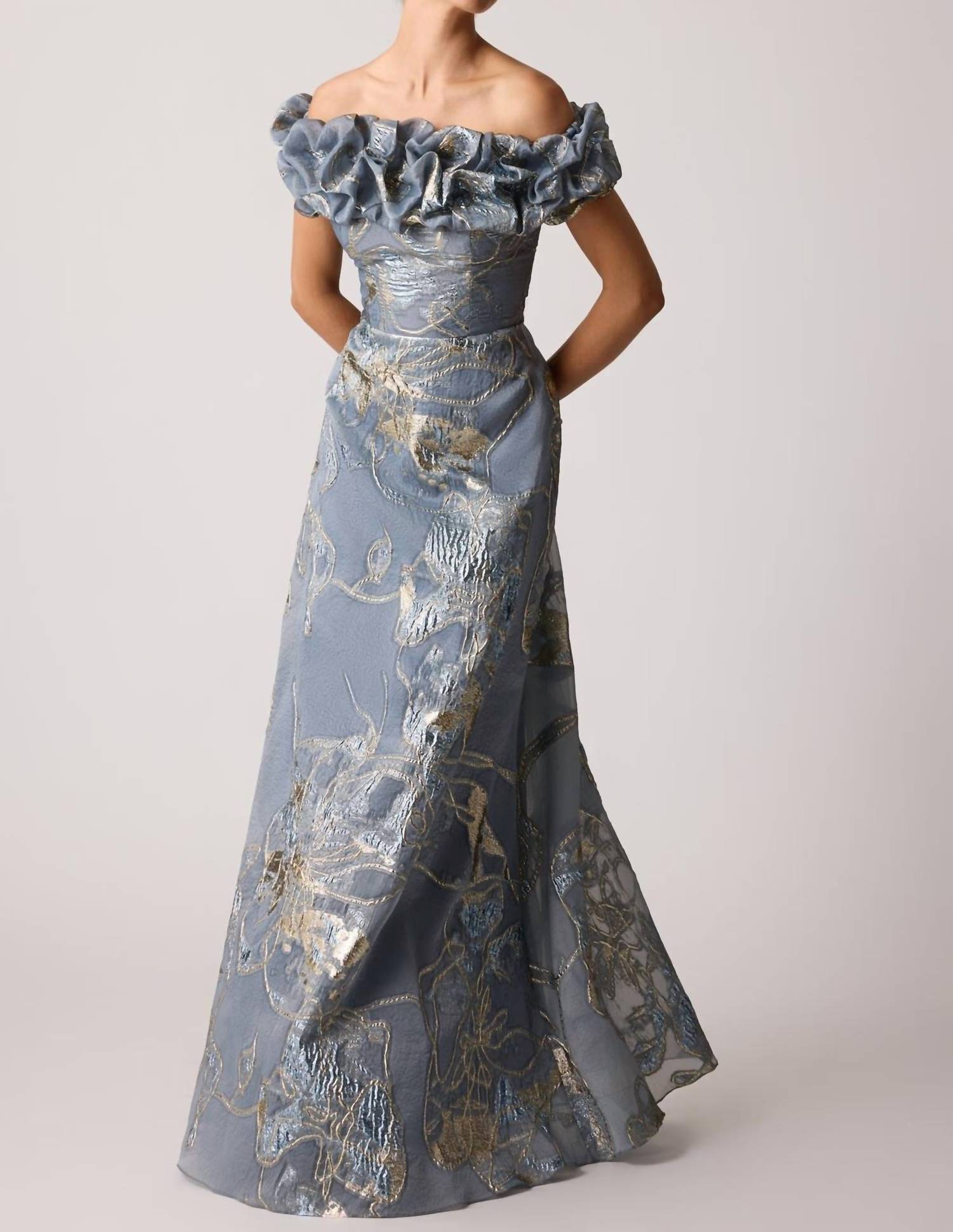 Teri Jon - Jacquard Scrunch Neckline Off Shoulder Gown